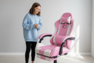 Cadeira Gamer Rosa Ergonômica Reclinável c/ Apoio.
