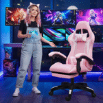 Cadeira Gamer Rosa Reclinável c/ Apoio de Pés