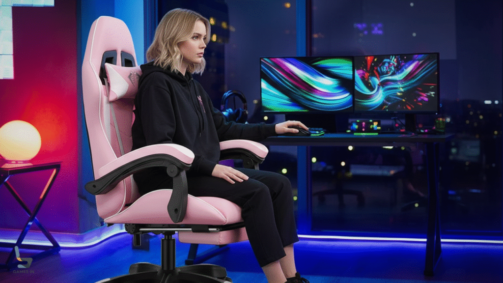 Cadeira Gamer Rosa Reclinável c/ Apoio de Pés