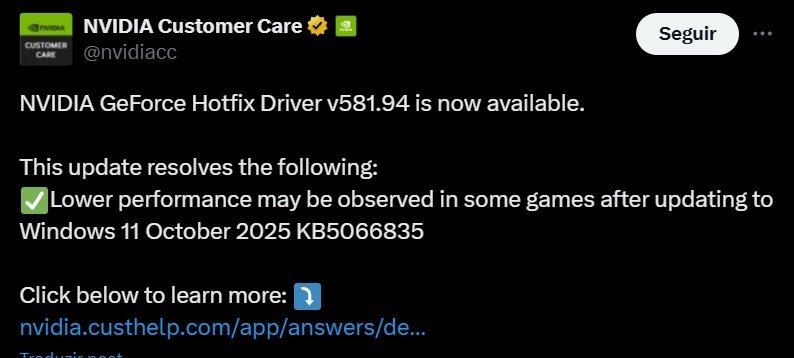 Driver NVIDIA 581.94 corrige queda de FPS no Windows 11 - Imagem do artigo original