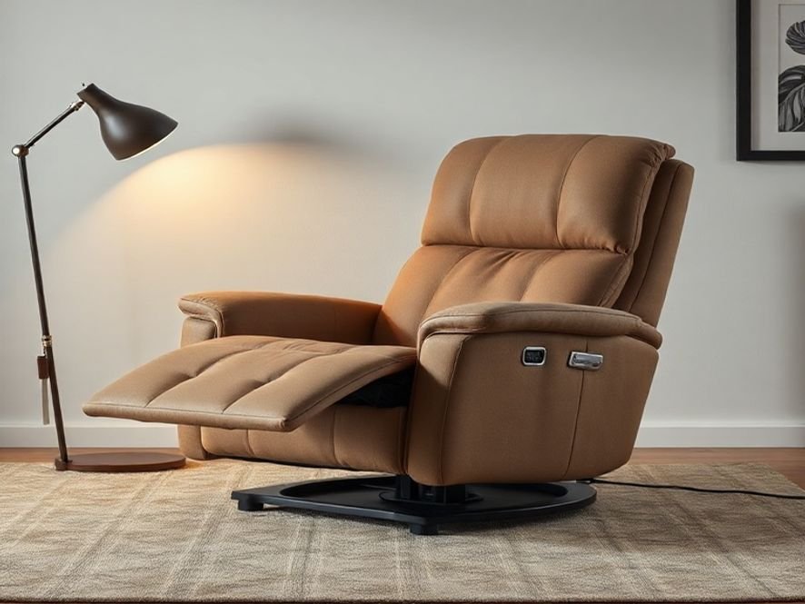 Poltrona Retrátil e Reclinável Azera: Suede Capuccino, Tilting e Pés Reguláveis.