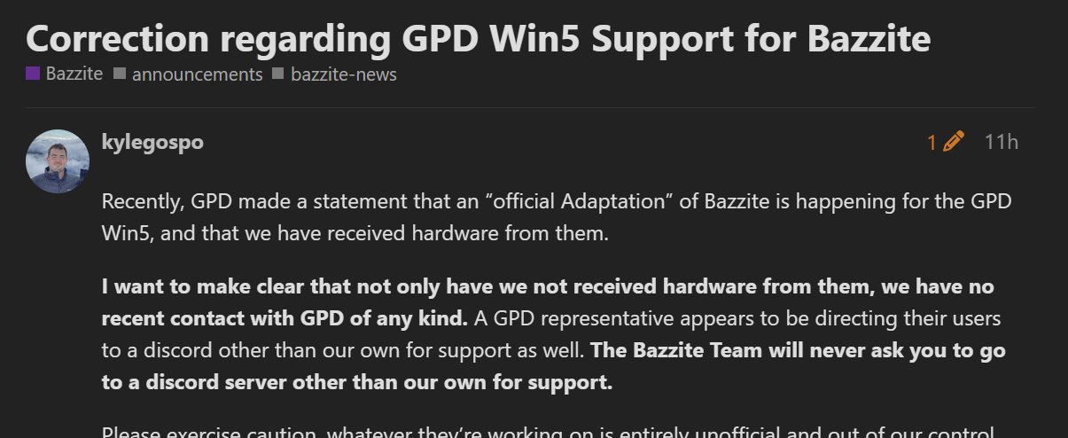 GPD Win 5: Bazzite nega suporte oficial ao portátil - Imagem do artigo